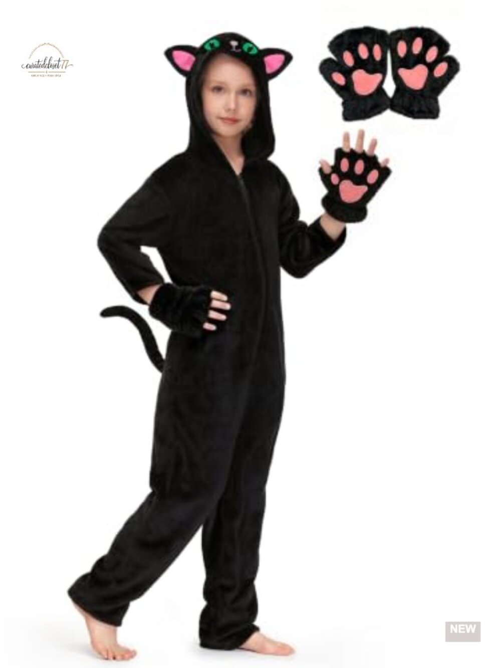 Kids Cat Costume Plush Hooded Jumpsuit with Paw Gloves Halloween Animal Outfit
